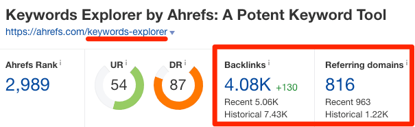 Public relations tactic: keywords explorer by Ahrefs helps you to get an overview of backlinks and referring domains to your site.