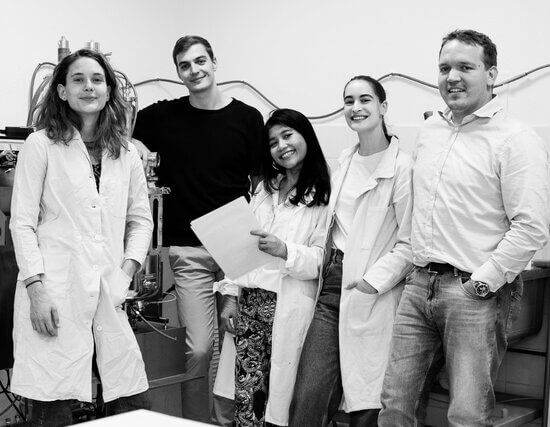 The Smobya core team in the lab (from left to right): Reka Varga, Almos Kuti, Dheanda Absharina, Lidia Kuti, Viktor Heirich