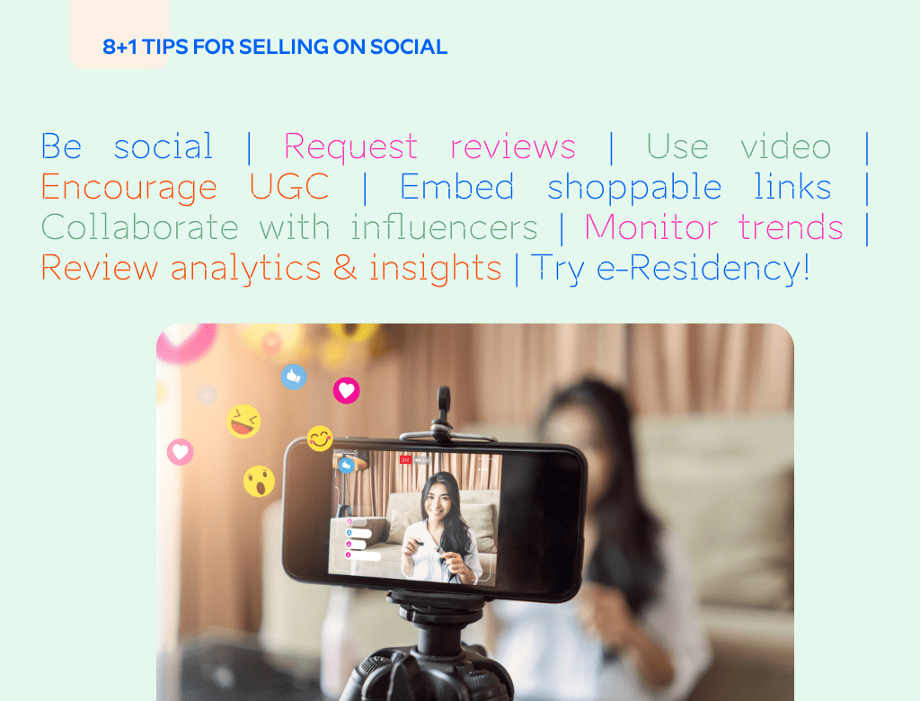 8 tips for social commerce infographic with image of businesswoman selling makeup by vlogging on social media